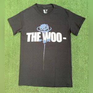 VLONE Black Tee with Blue Rose and White Text